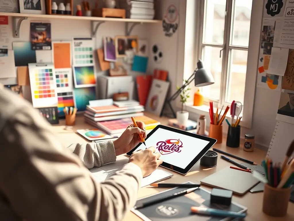 A digital artist at Redpelon Labs is sketching a custom logo design on a tablet, with various design tools and color palettes displayed around the workspace, emphasizing the initial concept phase.